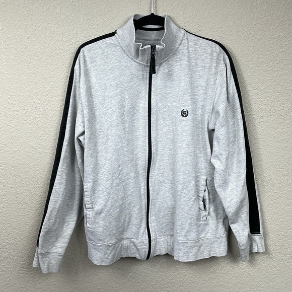 Chaps Full Zip Sweatshirt Sweater Gray Contrast Sleeve Stripe Sz L - Picture 1 of 10